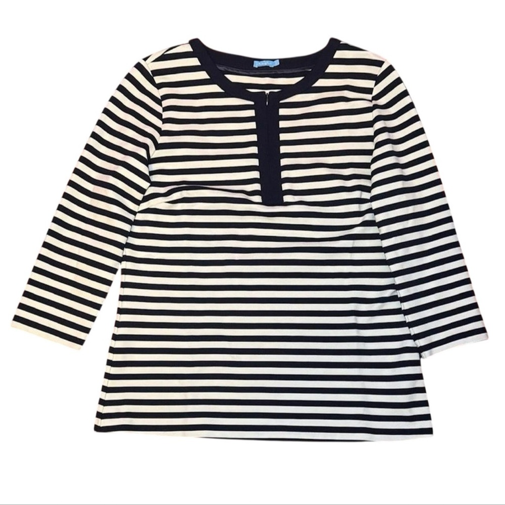 J Mclaughlin Women’s Navy & White Striped 3/4 Sleeve Zipper Blouse Top — LARGE